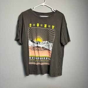 ROXY Graphic Grunge T Shirt Mountain Sun Sunset Boho Style Charcoal Size S P CH